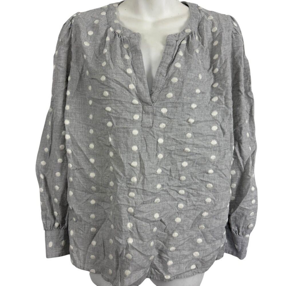 Ann Taylor Loft Embroidered Gray White Polka Dot V Neck Top Shirt Blouse sz M